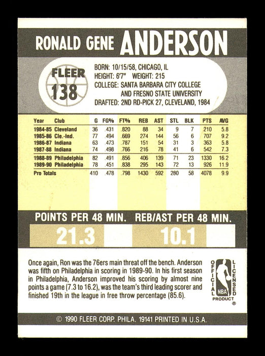 Ron Anderson Autographed 1990-91 Fleer Card #138 Philadelphia 76ers SKU #183242 - RSA