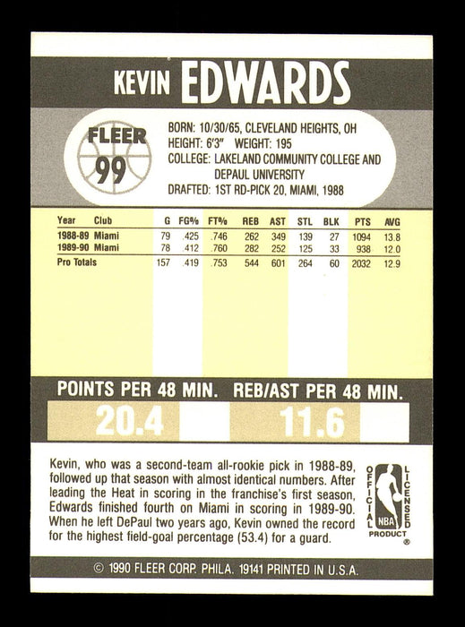 Kevin Edwards Autographed 1990-91 Fleer Card #99 Miami Heat SKU #183252 - RSA