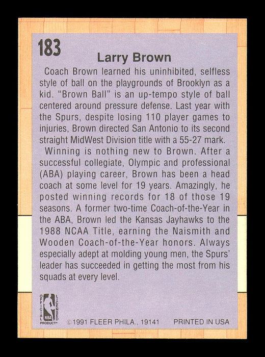 Larry Brown Autographed 1991-92 Fleer Card #183 San Antonio Spurs SKU #183266 - RSA