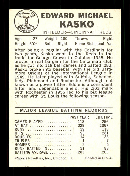 Eddie Kasko Autographed 1960 Leaf Card #9 Cincinnati Reds SKU #171677 - RSA