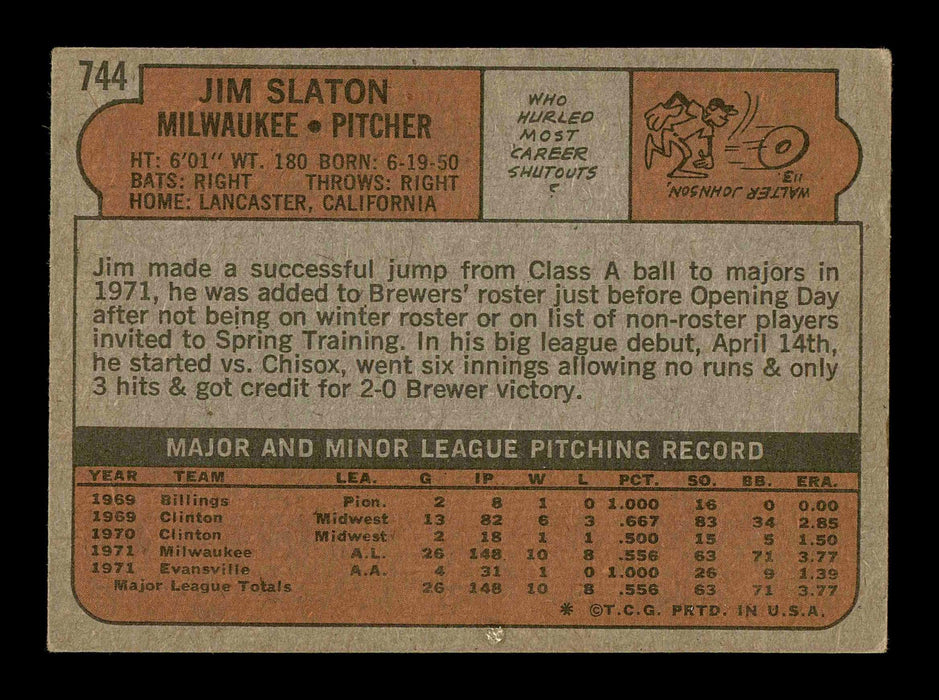 Jim Slaton Autographed 1972 Topps Rookie Card #744 Milwaukee Brewers SKU #178686 - RSA