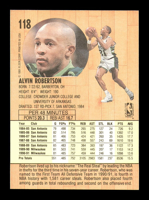 Alvin Robertson Autographed 1991-92 Fleer Card #118 Milwaukee Bucks SKU #183277 - RSA