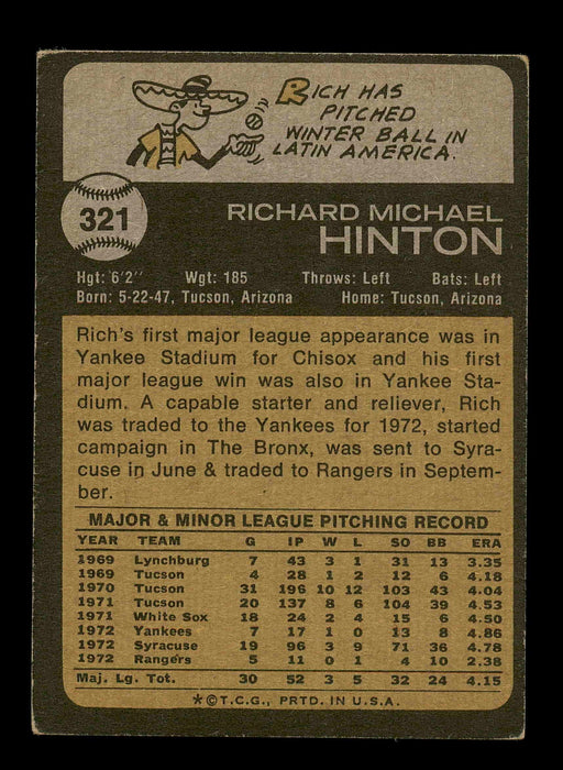 Rich Hinton Autographed 1973 Topps Card #321 Texas Rangers SKU #178697 - RSA