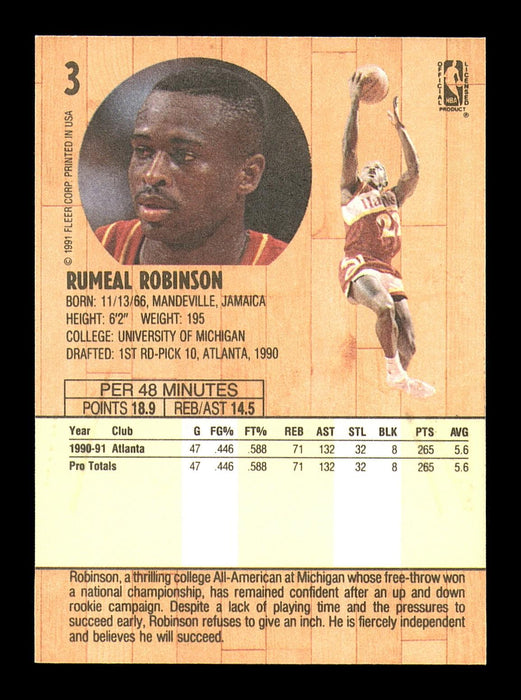 Rumeal Robinson Autographed 1991-92 Fleer Rookie Card #3 Atlanta Hawks SKU #183292 - RSA