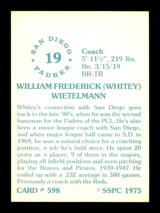 Whitey Wietelmann Autographed 1975 SSPC Card #598 San Diego Padres SKU #178706 - RSA