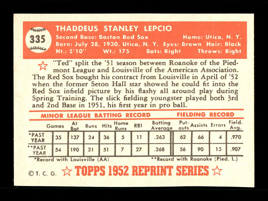 Ted Lepcio Autographed 1983 Topps 1952 Topps Reprint Card #335 Boston Red Sox SKU #171706 - RSA