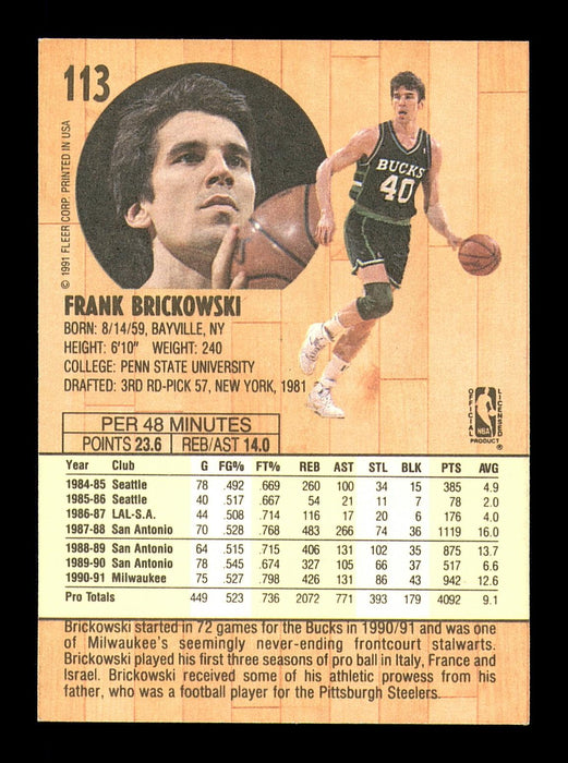 Frank Brickowski Autographed 1991-92 Fleer Card #113 Milwaukee Bucks SKU #183308 - RSA