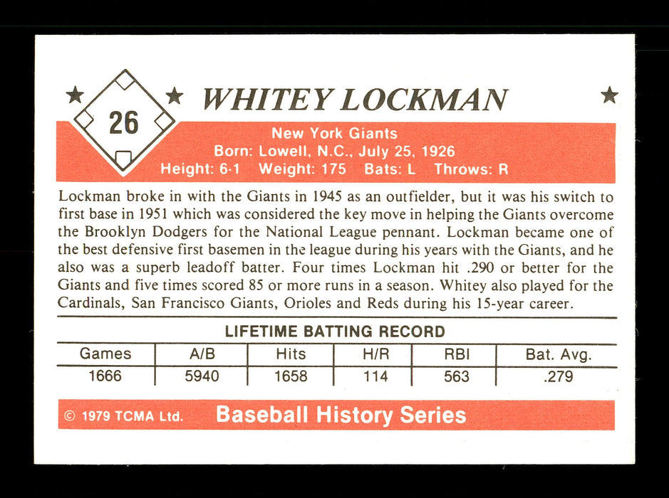 Whitey Lockman Autographed 1979 TCMA Card #26 New York Giants SKU #171722 - RSA
