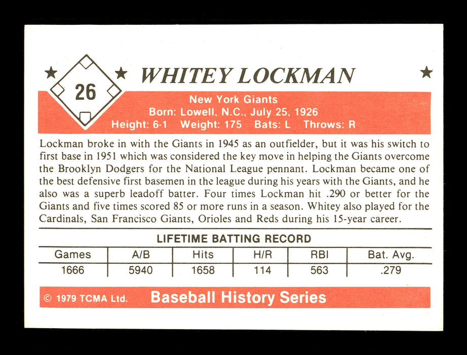 Whitey Lockman Autographed 1979 TCMA Card #26 New York Giants SKU #171723 - RSA