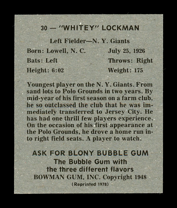 Whitey Lockman Autographed 1978 Bowman 1948 Bowman Reprint Rookie Card #30 New York Giants SKU #171724 - RSA