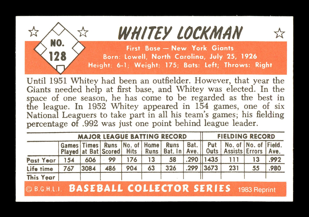 Whitey Lockman Autographed 1983 Bowman 1953 Bowman Reprint Card #128 New York Giants SKU #171725 - RSA
