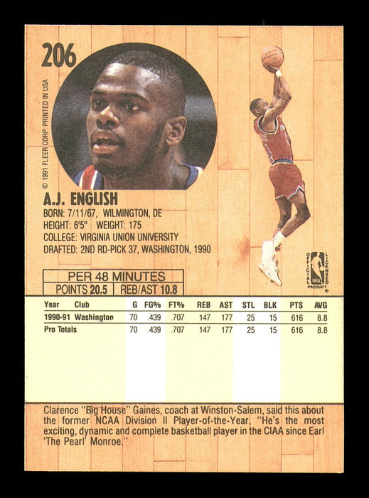 A.J. English Autographed 1991-92 Fleer Card #206 Washington Bullets SKU #183323 - RSA