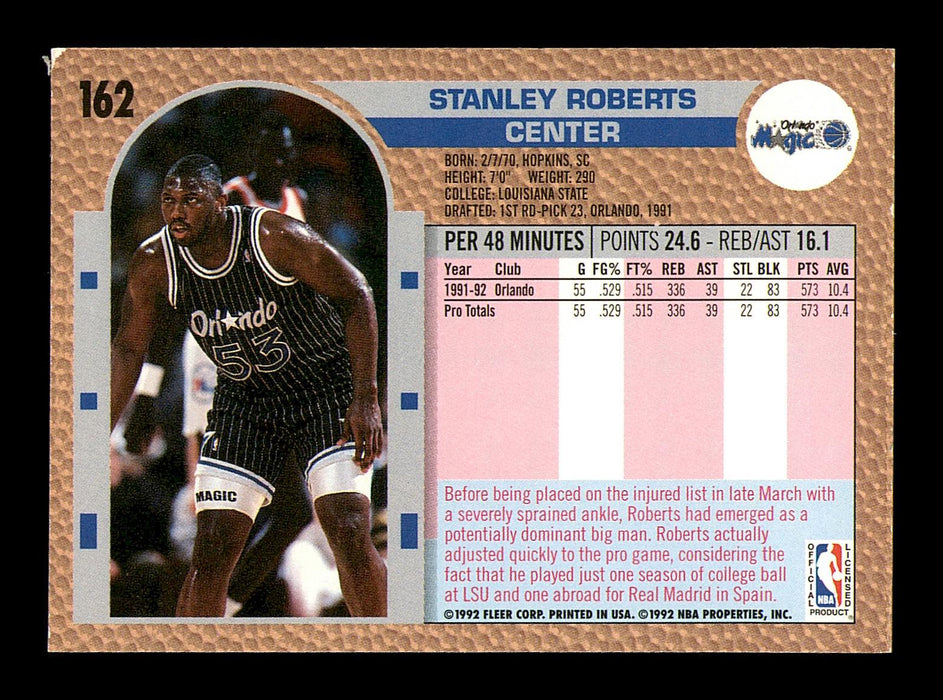 Stanley Roberts Autographed 1992-93 Fleer Card #162 Orlando Magic SKU #183328 - RSA
