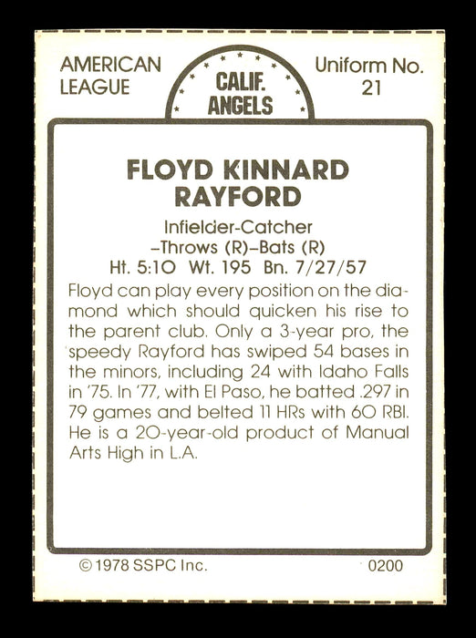 Floyd Rayford Autographed 1975 SSPC Rookie Card #200 California Angels SKU #178742 - RSA