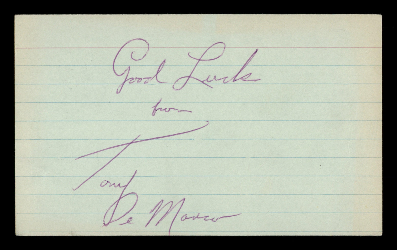 Tony DeMarco Autographed 3x5 Index Card "Good Luck" SKU #186916 - RSA