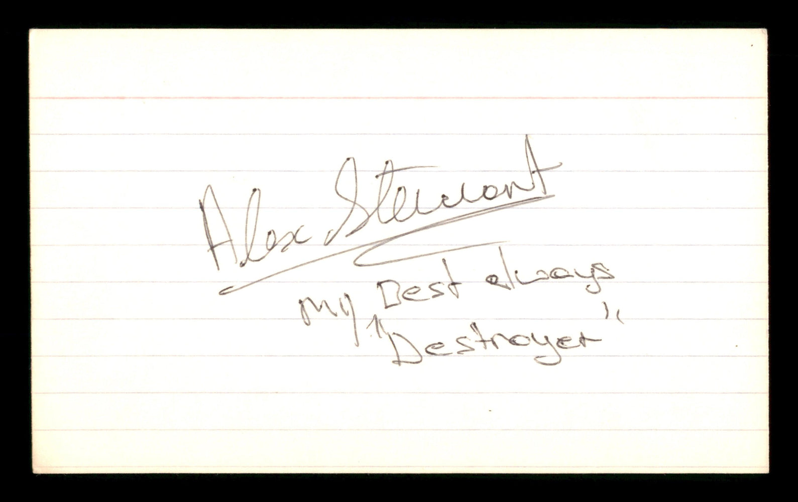 Alex Stewart Autographed 3x5 Index Card "Destroyer" SKU #186917 - RSA