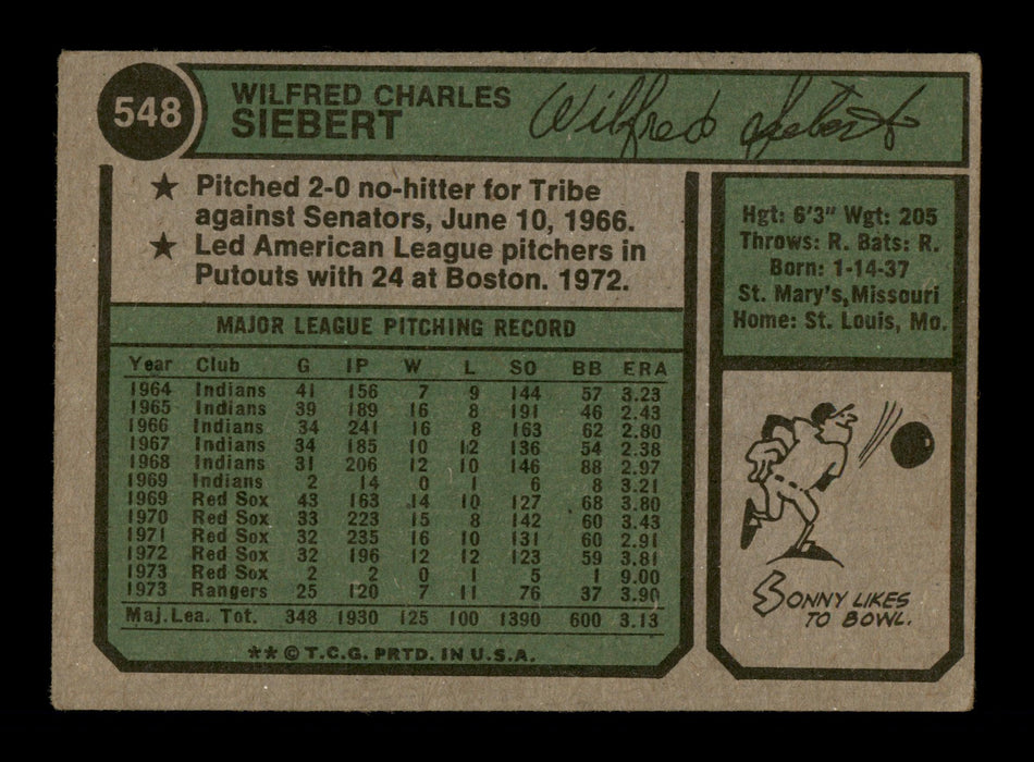 Sonny Siebert Autographed 1974 Topps Card #548 St. Louis Cardinals SKU #187770 - RSA
