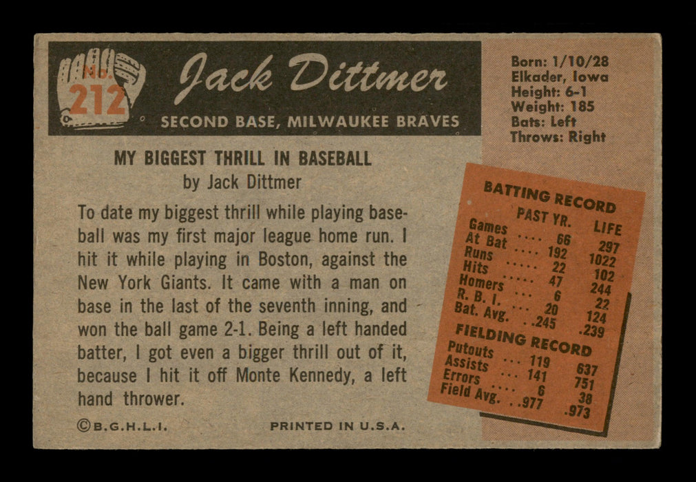 Jack Dittmer Autographed 1955 Bowman Card #212 Milwaukee Braves SKU #187809 - RSA