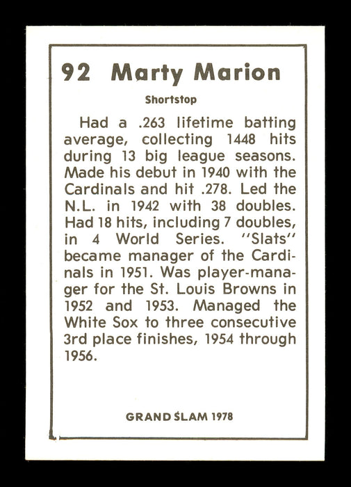 Marty Marion Autographed 1978 Grand Slam Card #92 St. Louis Cardinals SKU #171754 - RSA