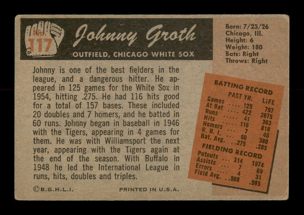 Johnny Groth Autographed 1955 Bowman Card #117 Chicago White Sox SKU #187859 - RSA