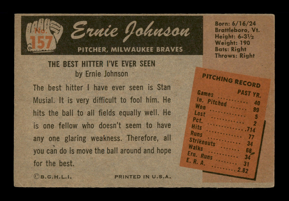 Ernie Johnson Autographed 1955 Bowman Card #157 Milwaukee Braves SKU #187872 - RSA