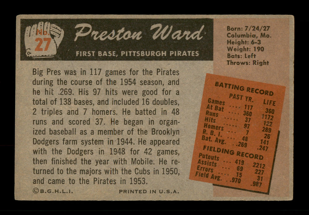 Preston Ward Autographed 1955 Bowman Card #27 Pittsburgh Pirates SKU #187883 - RSA