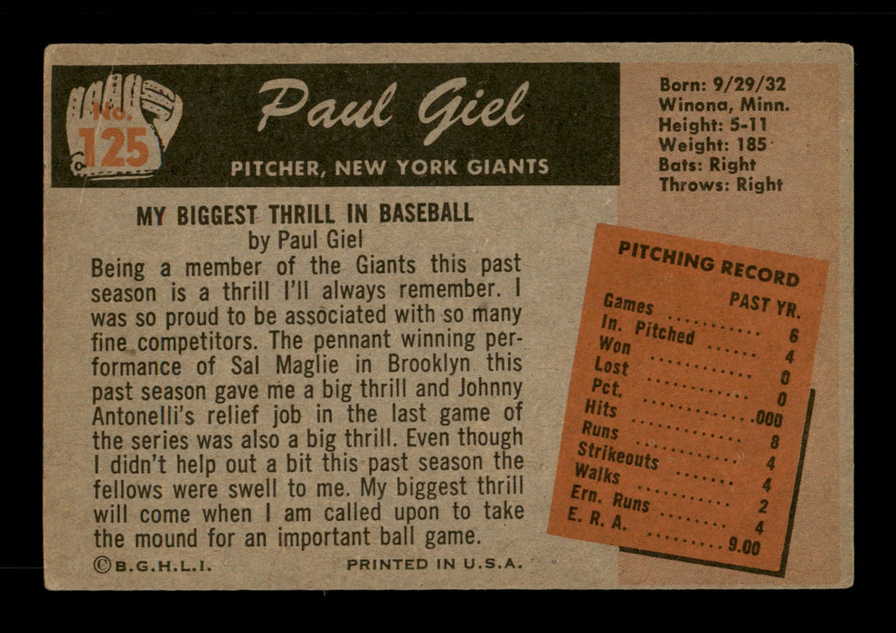 Paul Giel Autographed 1955 Bowman Card #125 New York Giants "To Sal" SKU #187900 - RSA