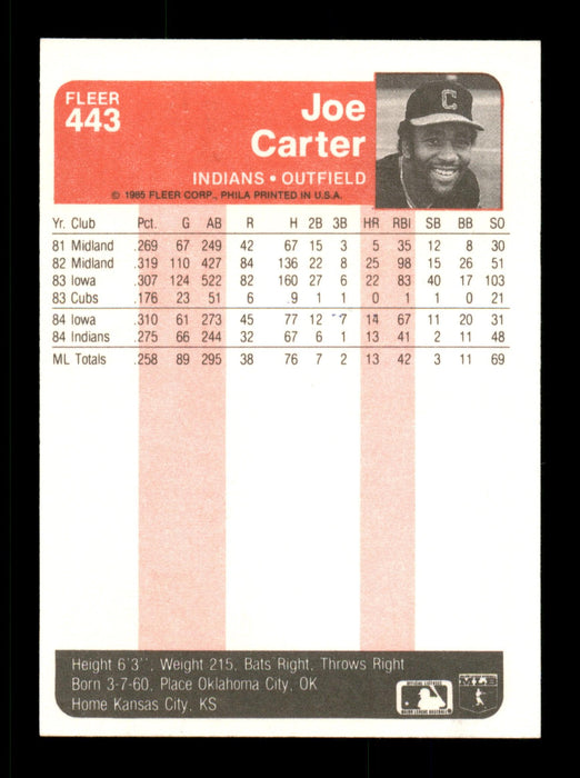 Joe Carter Autographed 1985 Fleer Card #443 Cleveland Indians SKU #187915 - RSA