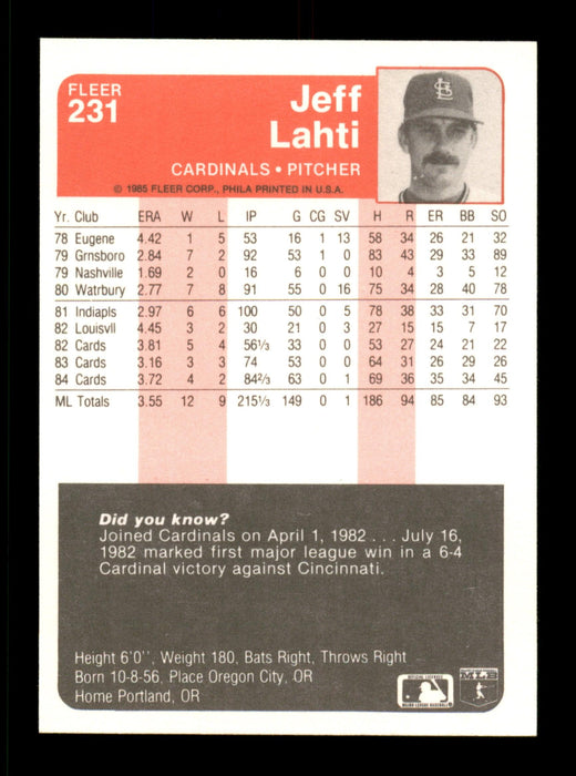 Jeff Lahti Autographed 1985 Fleer Card #231 St. Louis Cardinals SKU #187933 - RSA