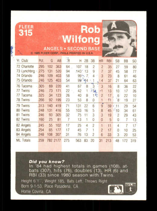 Rob Wilfong Autographed 1985 Fleer Card #315 California Angels SKU #187942 - RSA