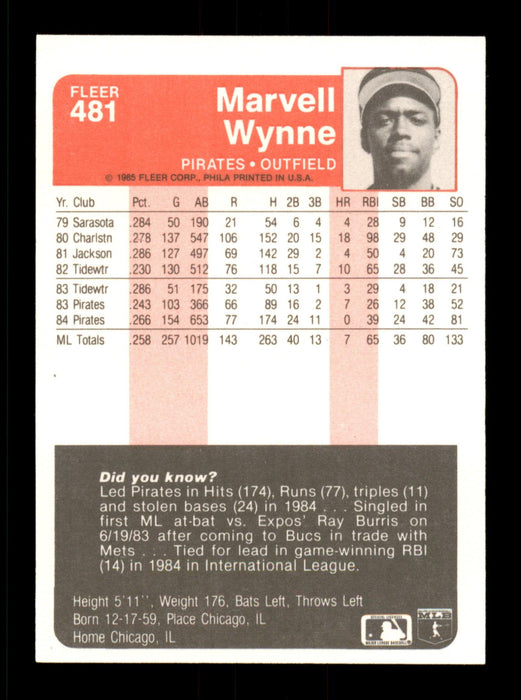 Marvell Wynne Autographed 1985 Fleer Card #481 Pittsburgh Pirates SKU #187949 - RSA