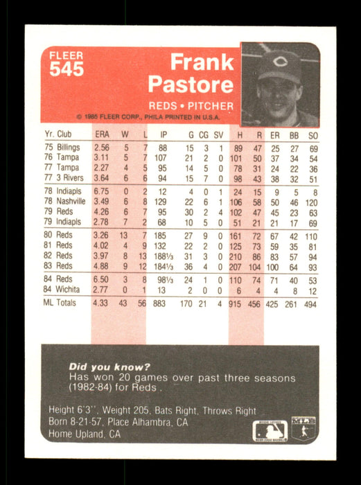 Frank Pastore Autographed 1985 Fleer Card #545 Cincinnati Reds SKU #187974 - RSA