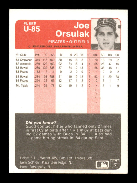 Joe Orsulak Autographed 1985 Fleer Update Card #U-85 Pittsburgh Pirates SKU #188001 - RSA