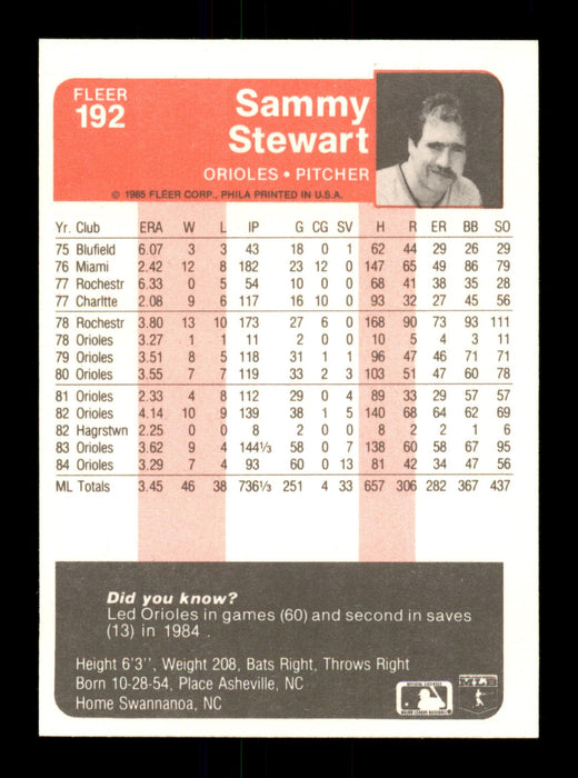 Sammy Stewart Autographed 1985 Fleer Card #192 Baltimore Orioles SKU #188025 - RSA