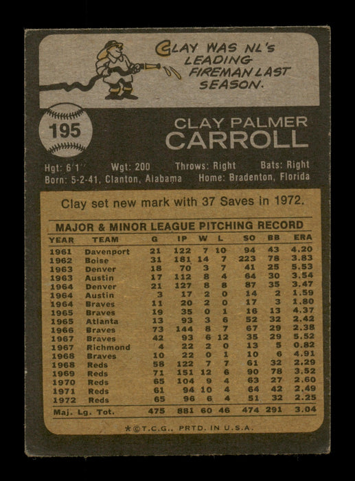 Clay Carroll Autographed 1973 Topps Card #195 Cincinnati Reds SKU #188029 - RSA