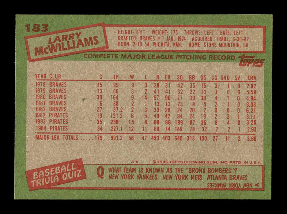Larry McWilliams Autographed 1985 Topps Card #183 Pittsburgh Pirates SKU #178784 - RSA
