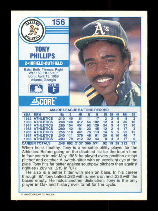 Tony Phillips Autographed 1989 Score Card #156 Oakland A's SKU #188232 - RSA
