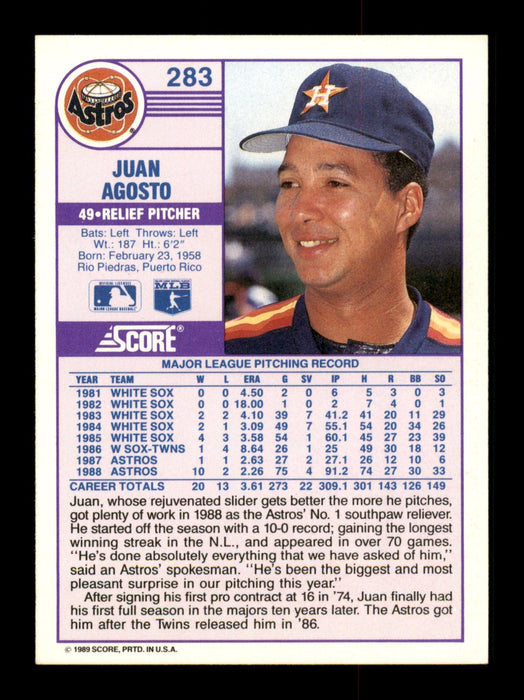 Juan Agosto Autographed 1989 Score Card #283 Houston Astros SKU #188241 - RSA