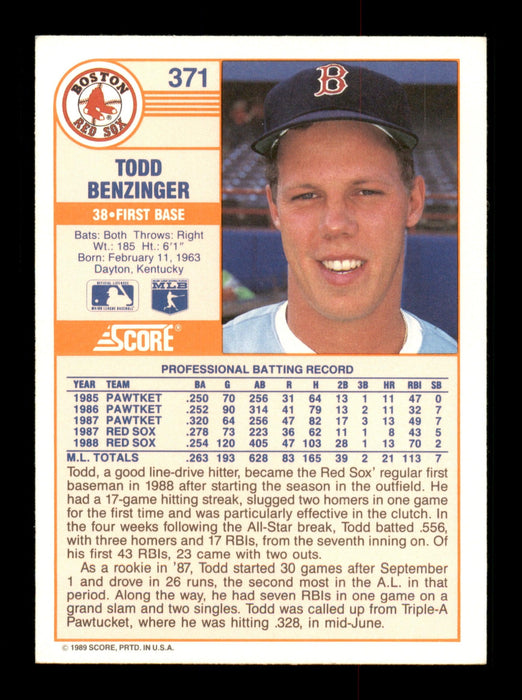 Todd Benzinger Autographed 1989 Score Card #371 Boston Red Sox SKU #188250 - RSA
