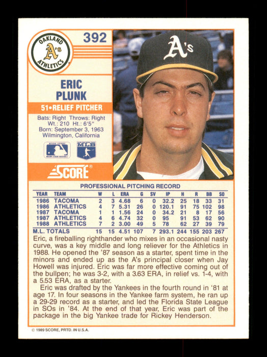 Eric Plunk Autographed 1989 Score Card #392 Oakland A's SKU #188251 - RSA