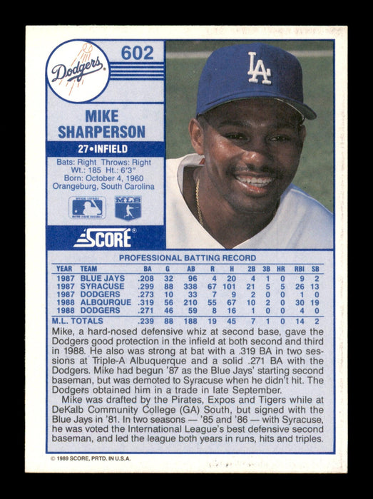 Mike Sharperson Autographed 1989 Score Card #602 Los Angeles Dodgers SKU #188275 - RSA