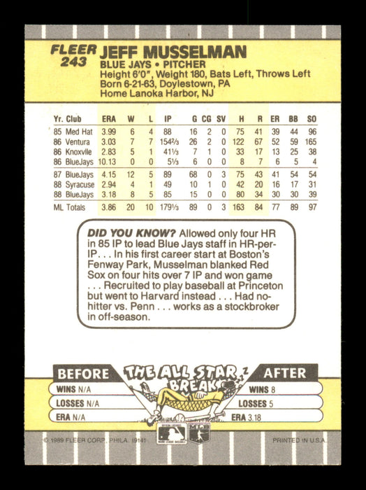 Jeff Musselman Autographed 1989 Fleer Card #243 Toronto Blue Jays SKU #188296 - RSA