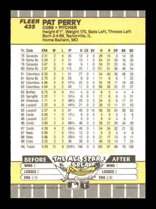 Pat Perry Autographed 1989 Fleer Card #435 Chicago Cubs SKU #188308 - RSA