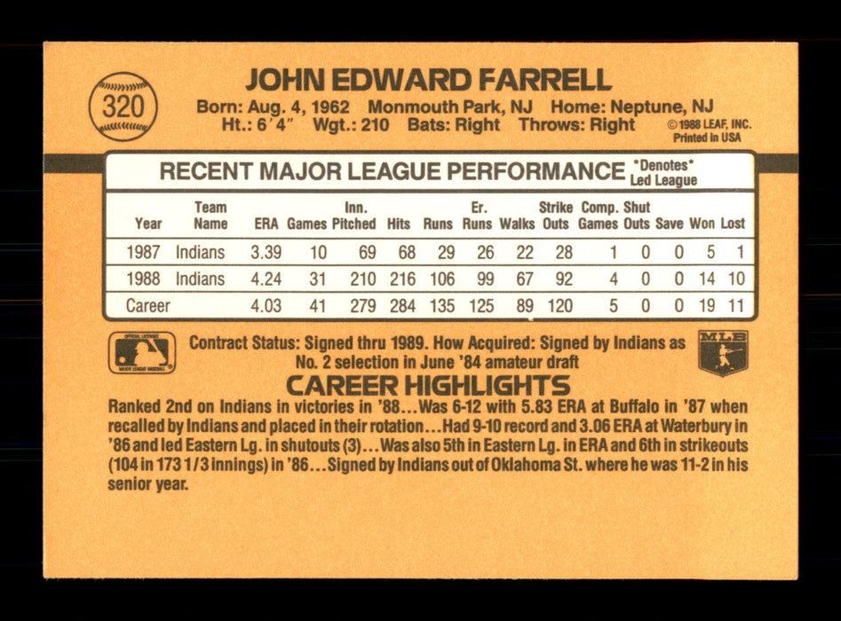 John Farrell Autographed 1989 Donruss Card #320 Cleveland Indians SKU #188343 - RSA