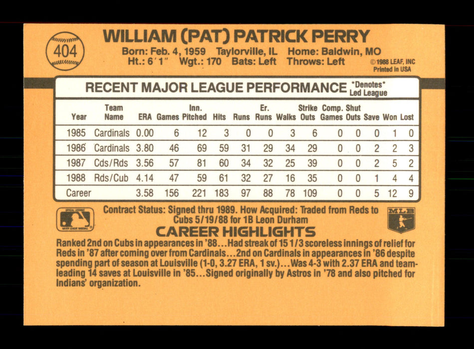Pat Perry Autographed 1989 Donruss Card #404 Chicago Cubs SKU #188349 - RSA