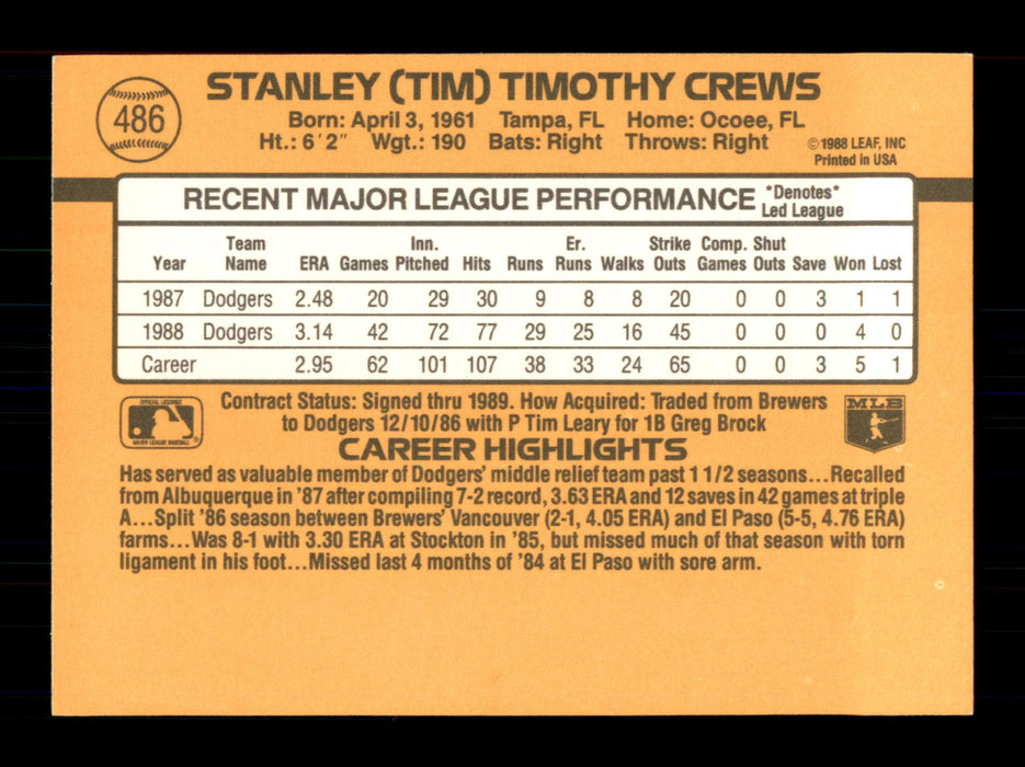 Tim Crews Autographed 1989 Donruss Card #486 Los Angeles Dodgers SKU #188352 - RSA