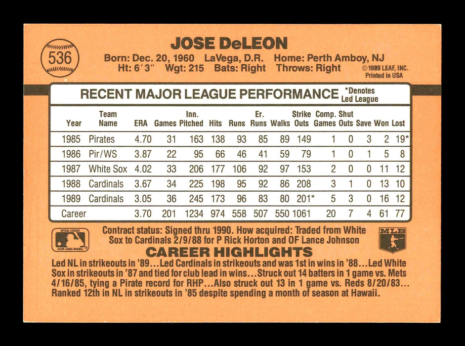 Jose DeLeon Autographed 1990 Donruss Card #536 St. Louis Cardinals SKU #178808 - RSA