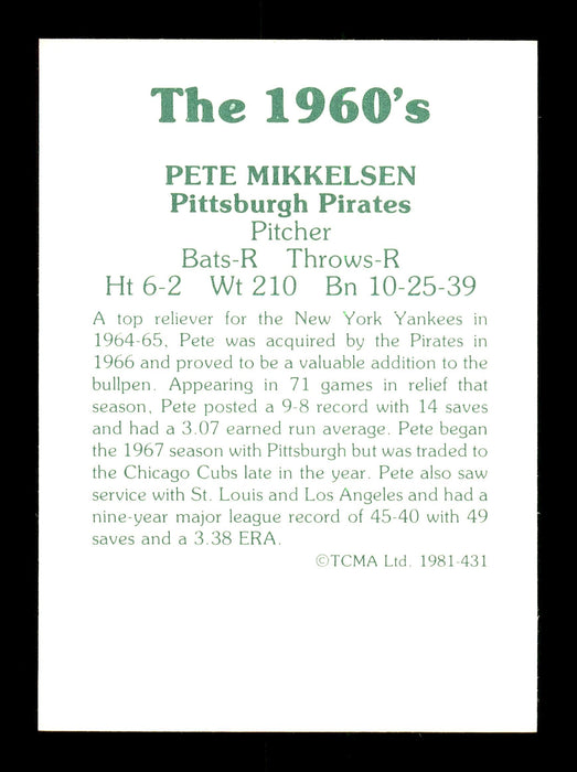 Pete Mikkelsen Autographed 1981 TCMA Card #431 Pittsburgh Pirates SKU #171807 - RSA