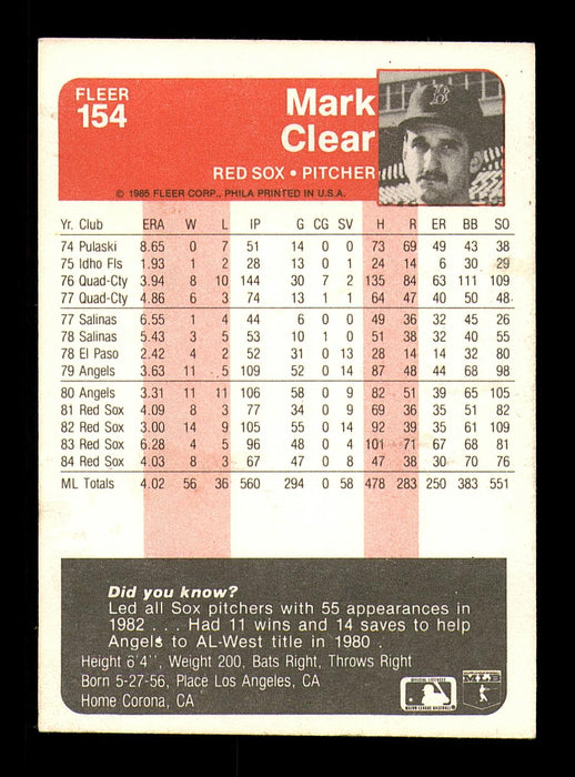 Mark Clear Autographed 1985 Fleer Card #154 Boston Red Sox SKU #183398 - RSA
