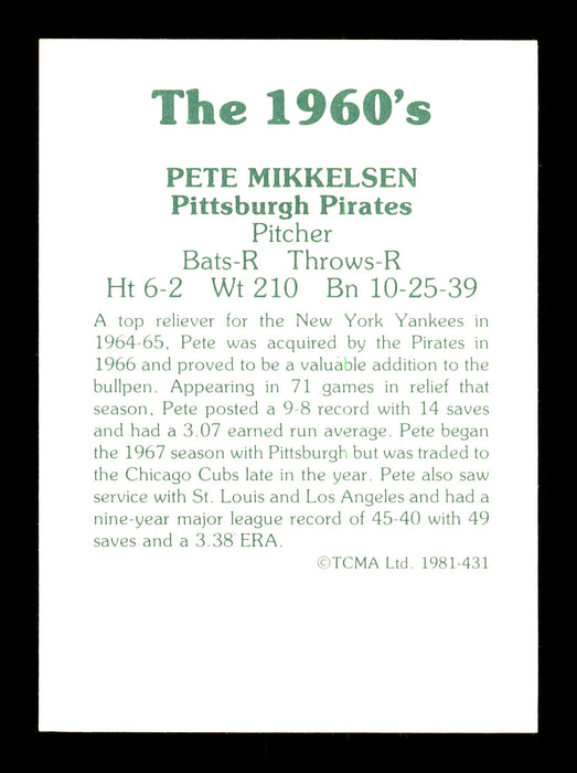 Pete Mikkelsen Autographed 1981 TCMA Card #431 Pittsburgh Pirates SKU #171808 - RSA